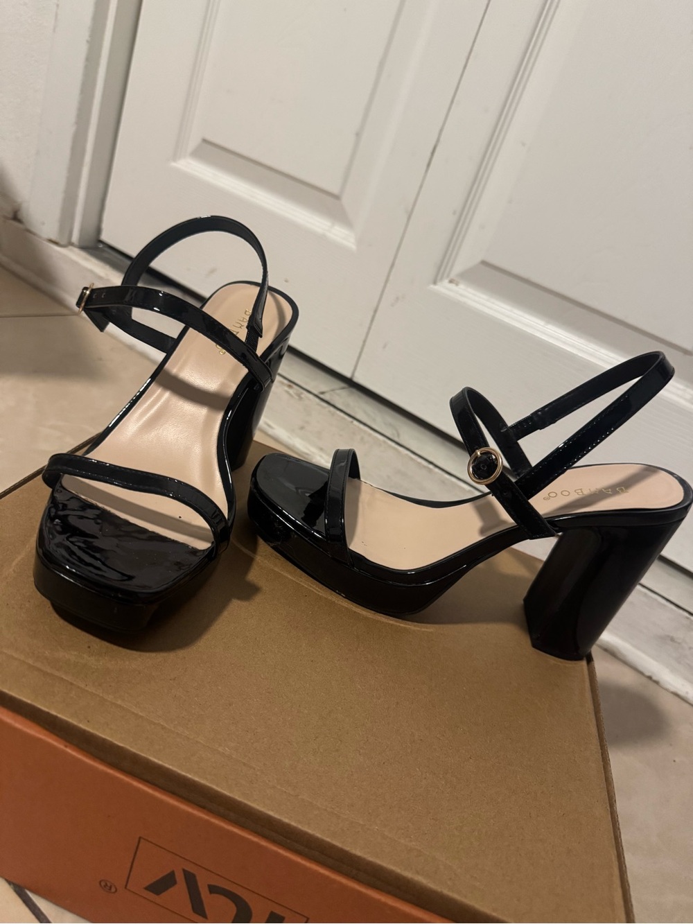 BAMBOO Black Patent Platform Block Heel Sandals